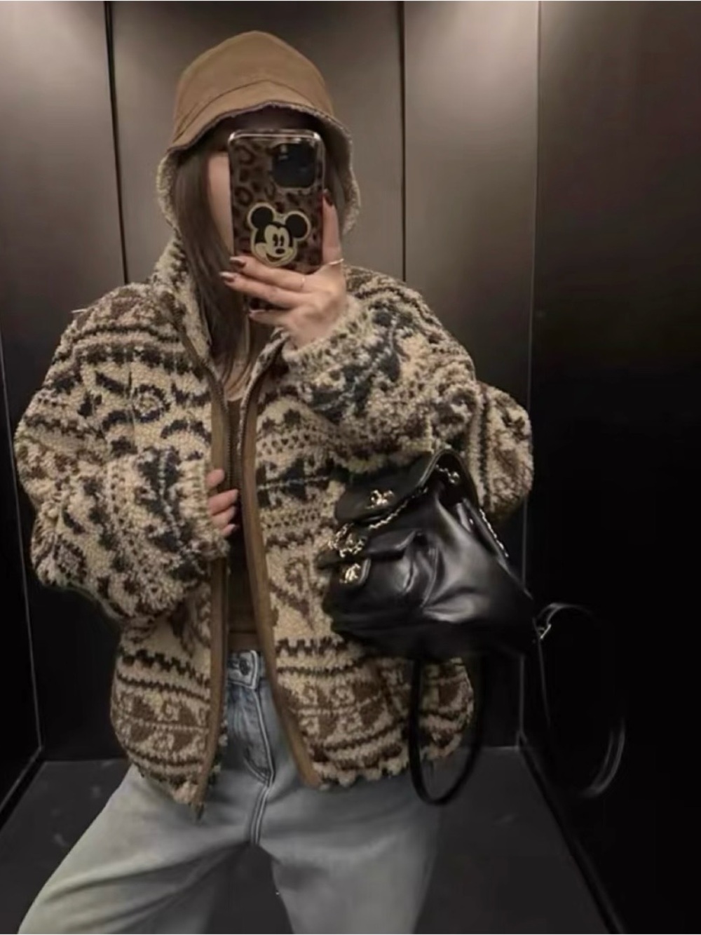 Cozy Patterned Sherpa Jacket in Brown & Cream - Picture 2 of 9